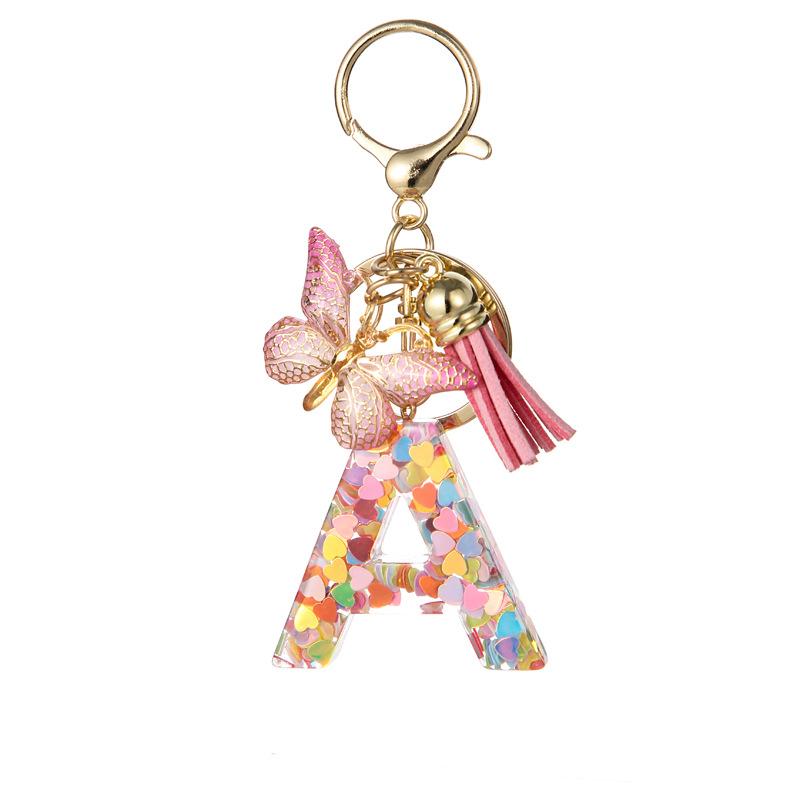 Pink Glitter Resin 26-Letter Keychain Butterfly Tassel Accessory Retro Durable Bag Charm Practical Gift For Girlfriend Best Friend