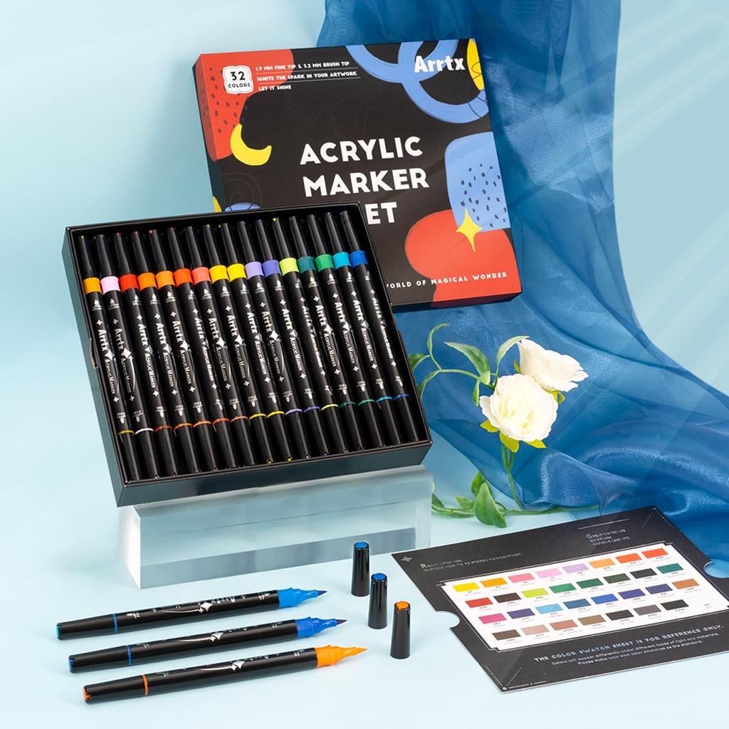 Arrtx Acrylic Paint Pen Markers 32 Colors Dual Tip Art Markers for Kids and Adults Acrylic Markers for Rock DIY Craft Supplies Painting, Fabric,