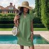 Women Summer Elegant Casual Dress Loose Solid Color Standing Collar Lotus Leaf Sleeve