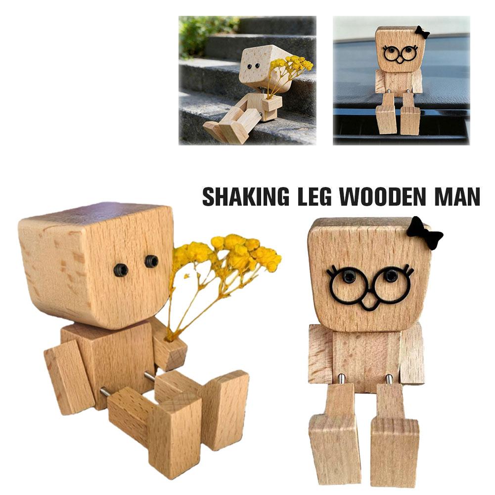 Cute Bow Leg-shaking Wooden Man Figurine Interior Wood Ornaments With 12 Magnetic Expressions Car Decoration Ornaments