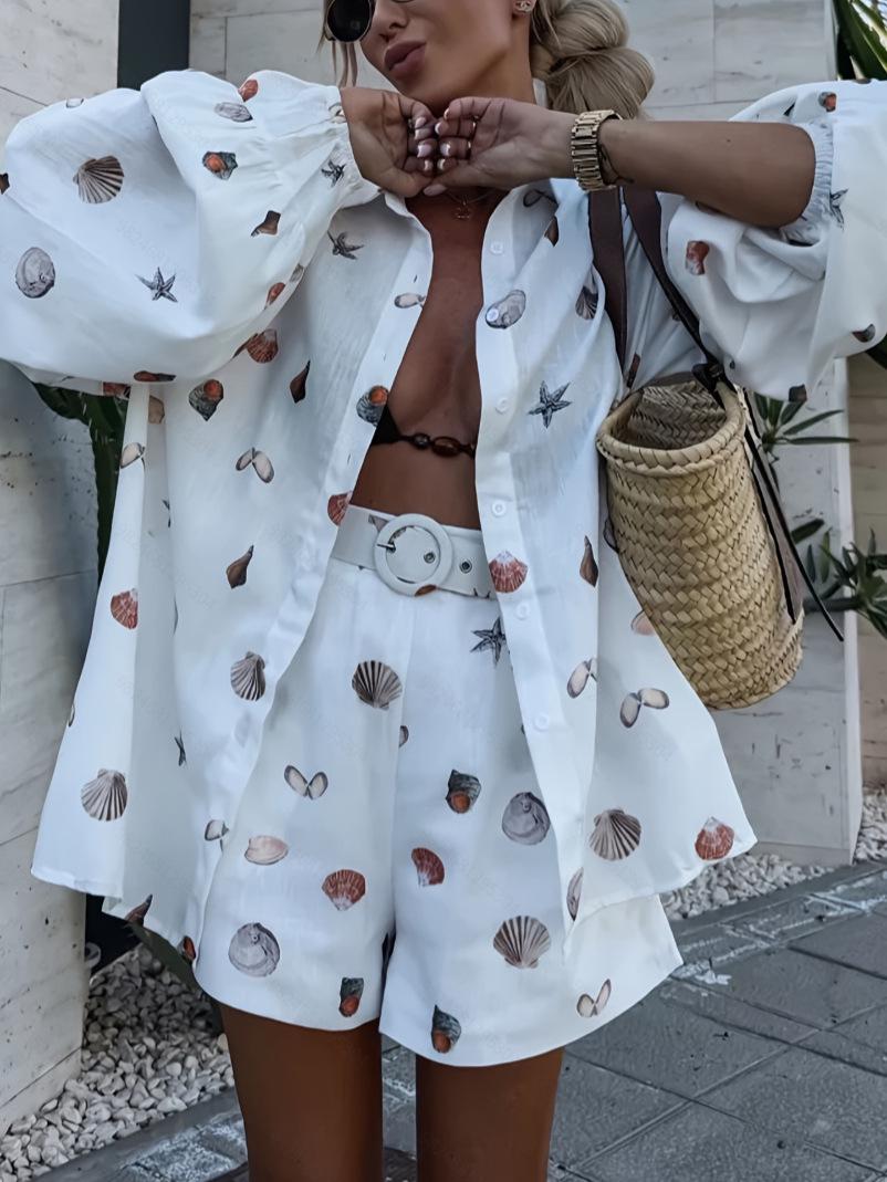 

2025 European-American Printed Cardigan Shirt & Shorts Set for Women (No Belt) L білий