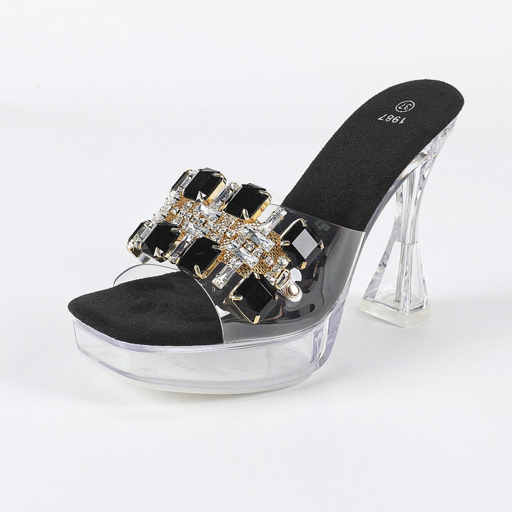Women's New 12CM Sexy Transparent Thick Heel Shoes - Fashionable Crystal Square Head with Rhinestone, Non-Slip for Nightclub & Car Model