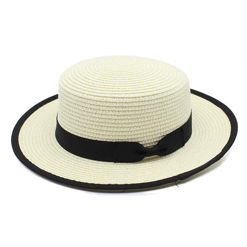 Summer Straw Hat Women'S Straw Bow Black Hemming Flat Top Sunscreen Beach Hat Casual Fashion Hat