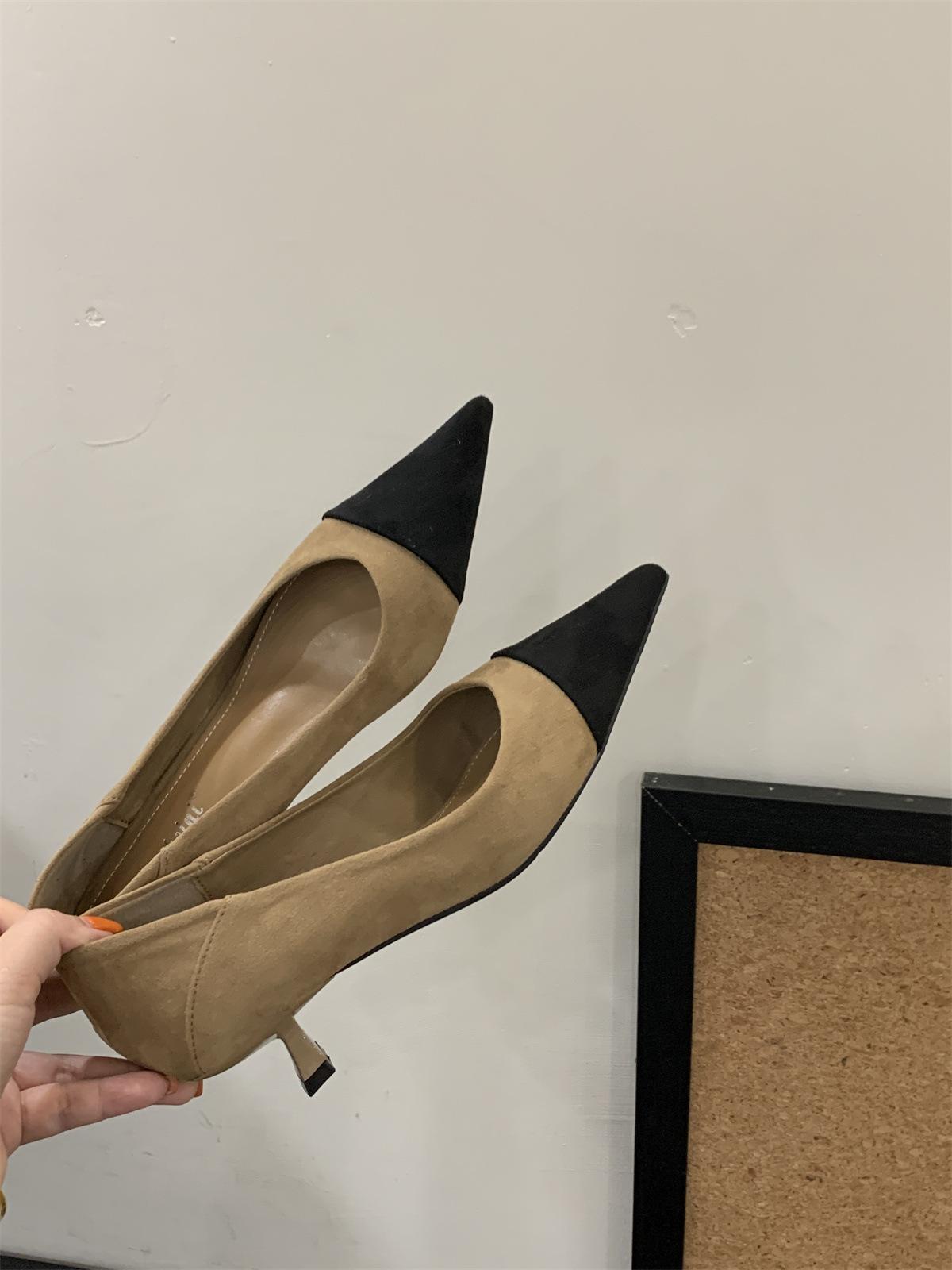 Pumps Autumnnew Pointed Toe French Style Softpatchwork Style Thin Heel Women S Commute Low Cut Elegantkitten Heelhigh Heel 35 хаки
