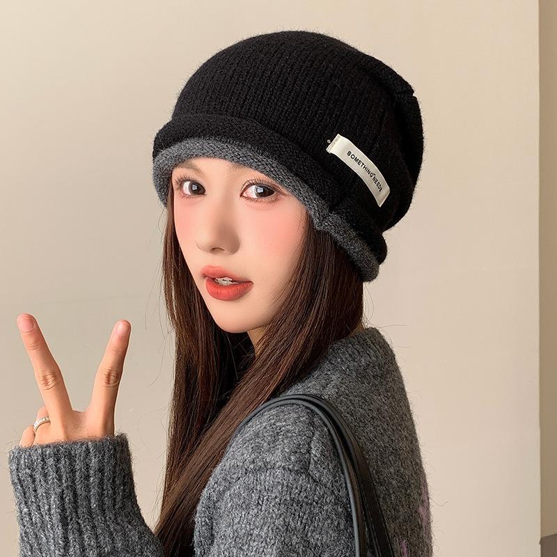 Drawstring Rolled Edge Woolen Hat for Women High End Striped Pile Hat Autumn and Winter Versatile Casual Warm Knitted Hat Baotou Hat