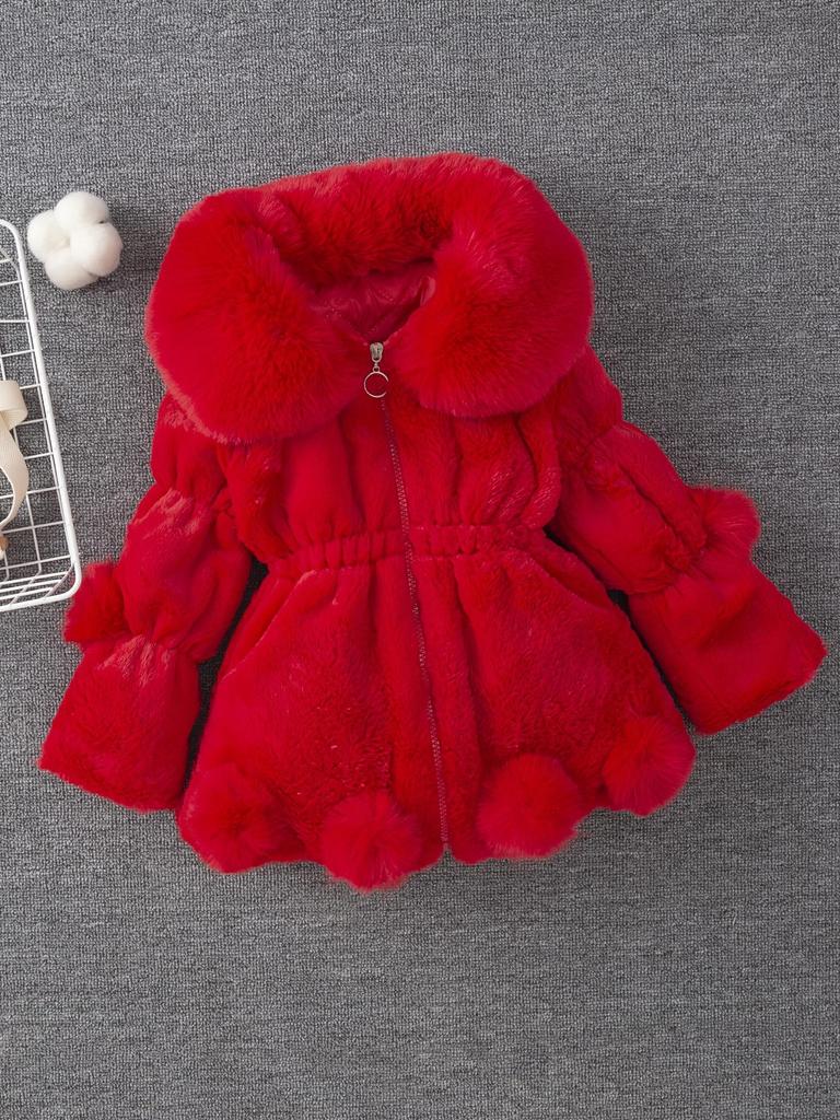 Girls' Autumn/Winter Faux Fur Pom-Pom Sweater Jacket