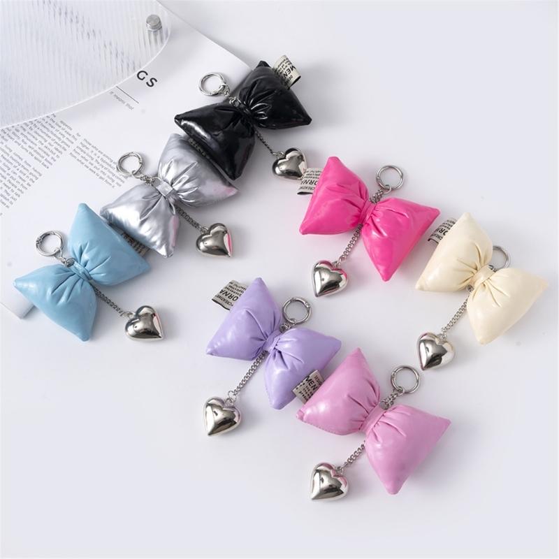 Sweet Lovely PU Leather Bowknot Heart Keychains Pendant Hangings Ornament Keyring Backpack Decoration for Women Girls