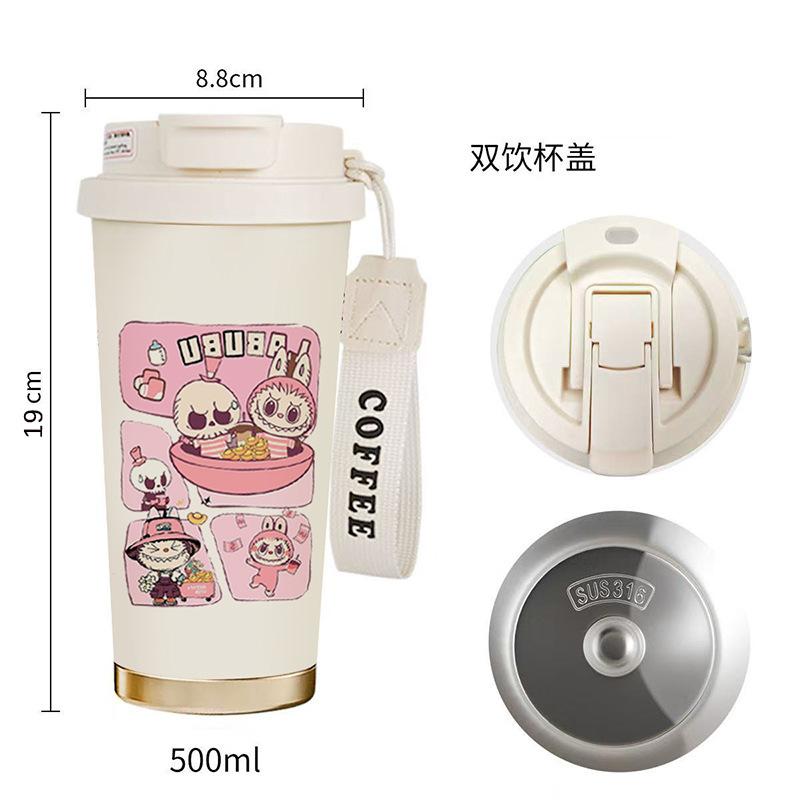 Coffee Cup 316 Stainless Steel Thermos Cup High Value Men's and Women's Water Cup Cartoon Double Drinking Straw Cup