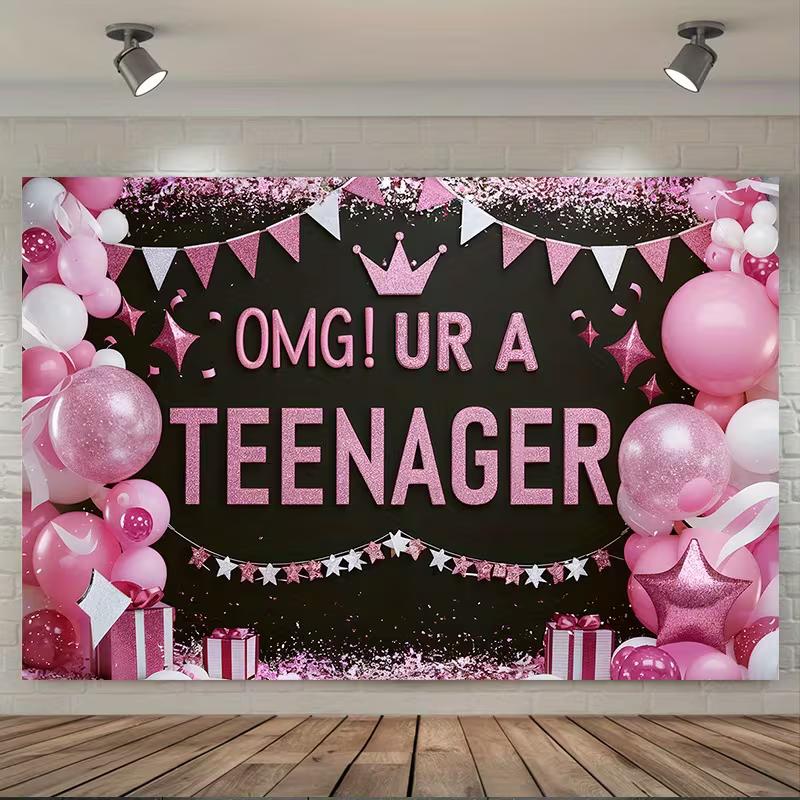 2D Teenager Birthday Backdrop Pink Balloon Crown 13th Birthday Party Photo Booth 47.2x31.5inch/120*80cm