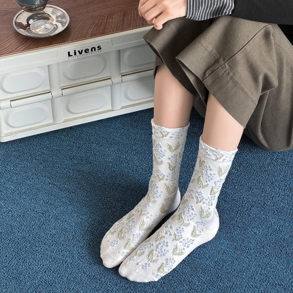 Autumn And Winter Retro Wide-Mouth Relief Socks Cotton Mid-Leg Women'S Socks Women'S Japanese Ethnic Style Floral Stockings Literary And Artistic