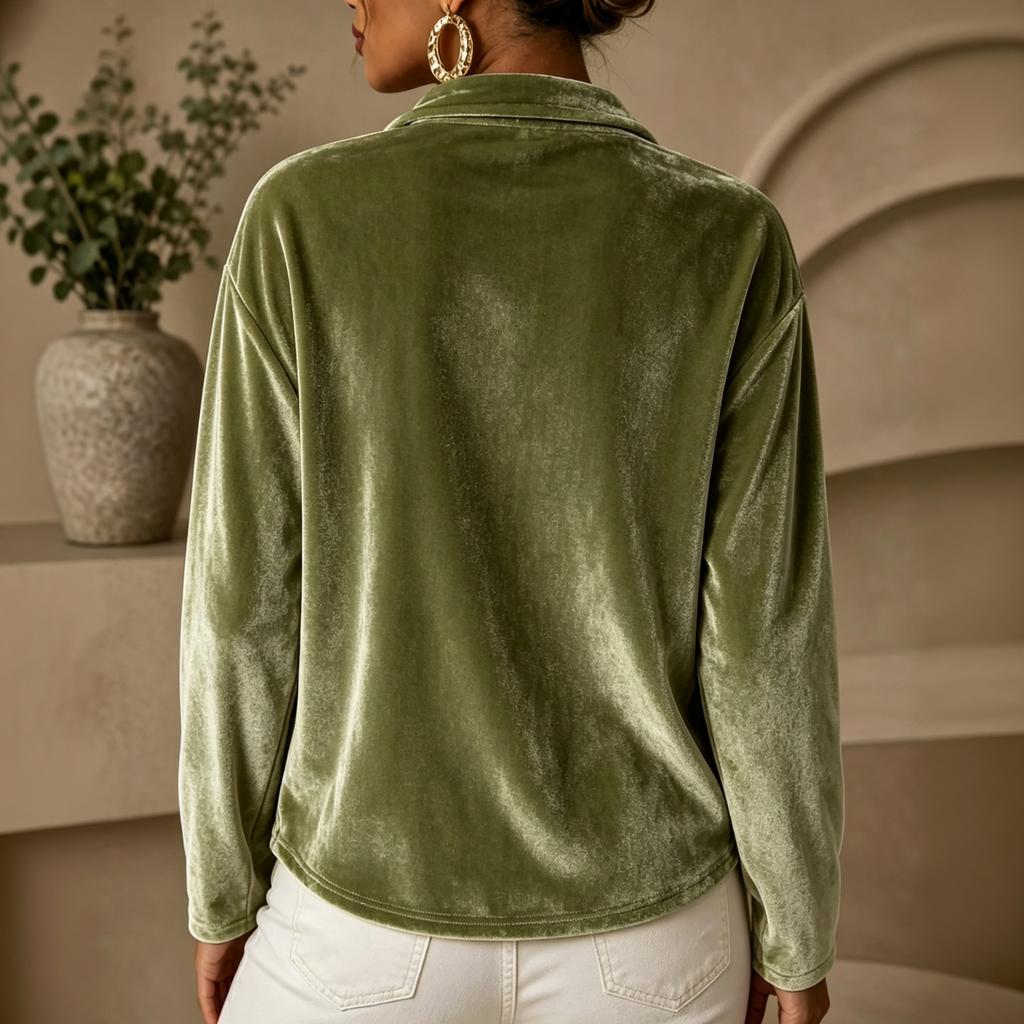 Women's Casual Long Sleeve Velvet Shirt with Half Zip and Stand Collar