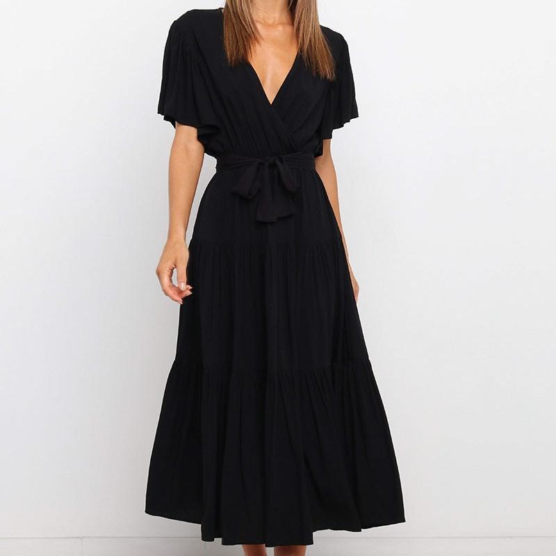 

QICED Літня одноколірна довга спідниця з V-подібним вирізом і короткими рукавами в богемному стилі. XL чорний