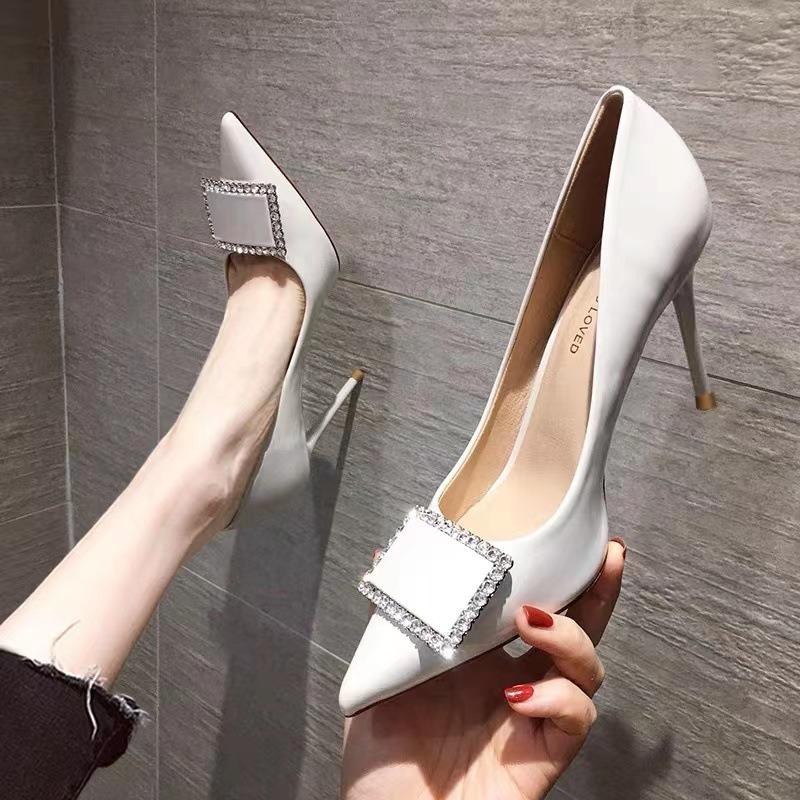 Black patent leather rhinestone high heels new sexy shallow mouth pointed heel square buckle single shoes women