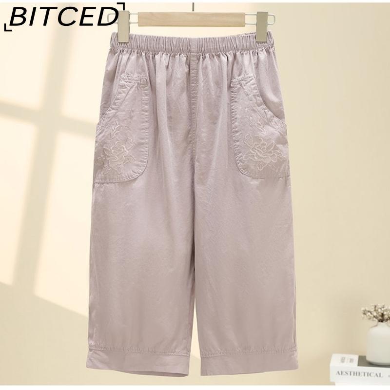 BITCED Summer Women Elastic Waist Straight Trousers Middle Age Older Women High Waist Straight Pants Washed Cotton Cropped Plus Size Pants