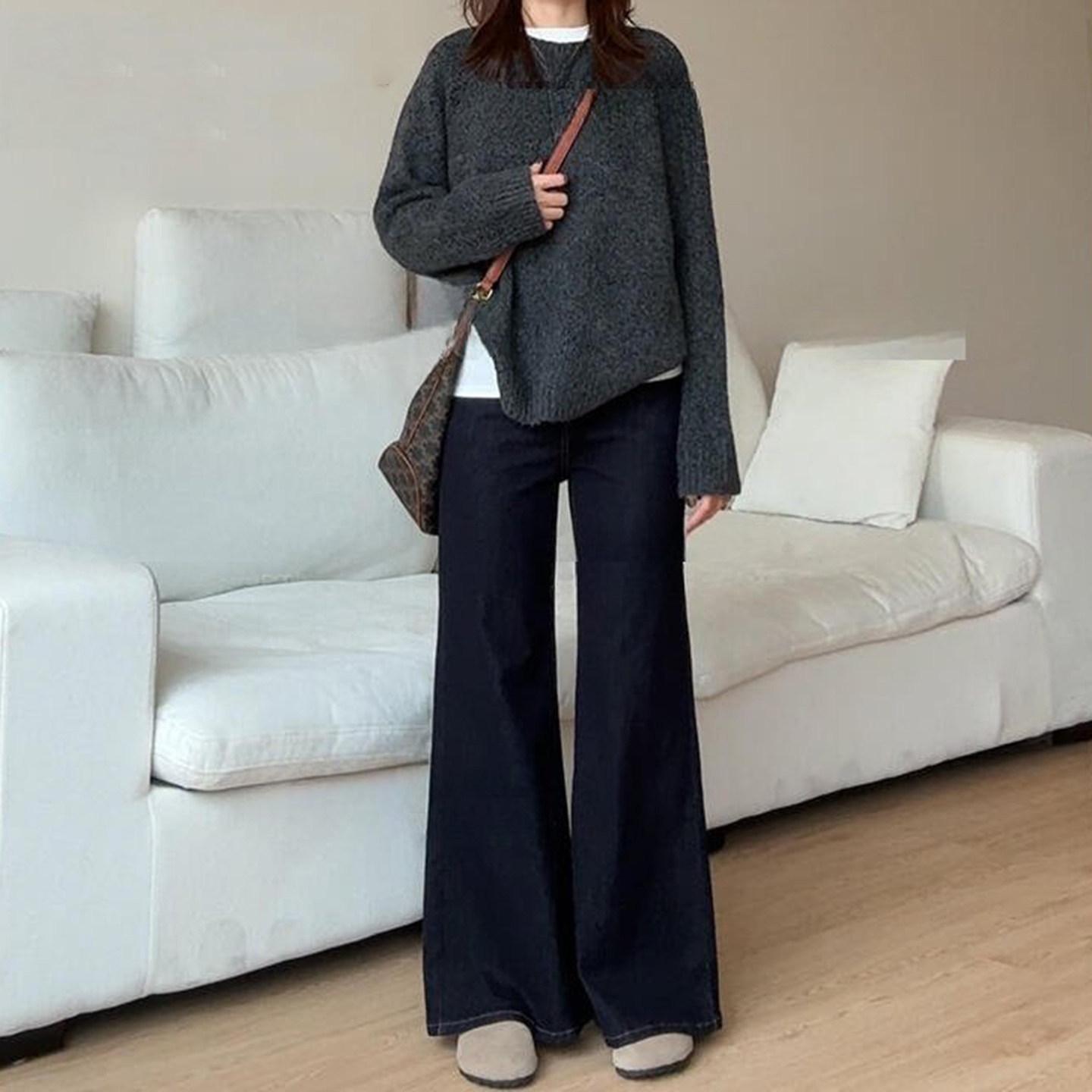 

Dark Blue High-Waisted Flowy Micro-Flare Jeans for Women - Spring 2026 Casual Versatile Bell Bottoms Medium