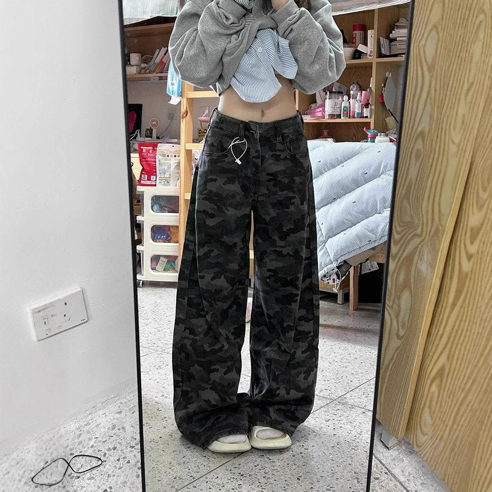 Comfortable Work Camouflage Wide-legged Jeans Female Autumn Loose Straight High-waisted Thin Trailing Trousers Jeans for Women Long Denim Pants