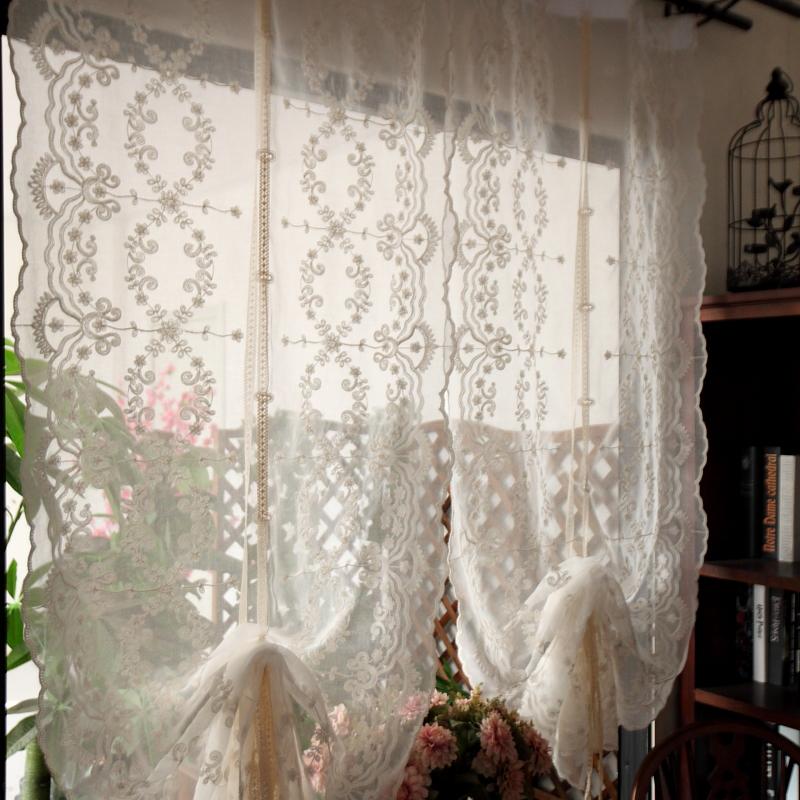 Cortina de globo de hilo bordado de tul, cortinas de globo enrollables de lino ligero, cortinas opacas ajustables con lazo, bolsillo para barra de ventana con persiana romana
