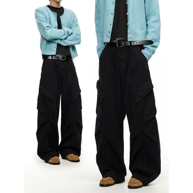 Men's American Retro Deconstructed Design Multi-Pocket Cargo Pants Unisex Loose Casual Pleated Straight-Leg Pants