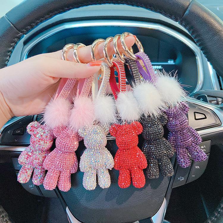 Autumn and Winter New Mink Hair Full of Diamonds Violent Bear Car Key Chain Drill Rope Key Ring Bag Pendant Online Celebrity