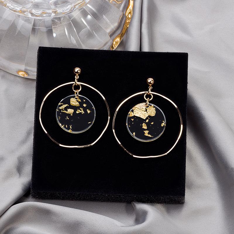 925 Retro Gold Foil Transparent Acrylic Exaggerated Circle Earrings, Fashionable Wavy Round Stud Earrings