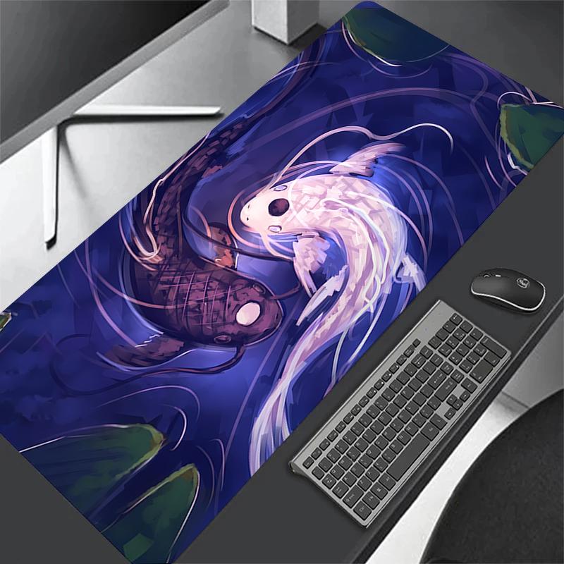 Japanese Desk Mat Black & White Mouse Pad Koi Fish Japan Art Seal Yin-yang Fish Large XXL Gaming Deskmat Rubber Mousepad 80x30
