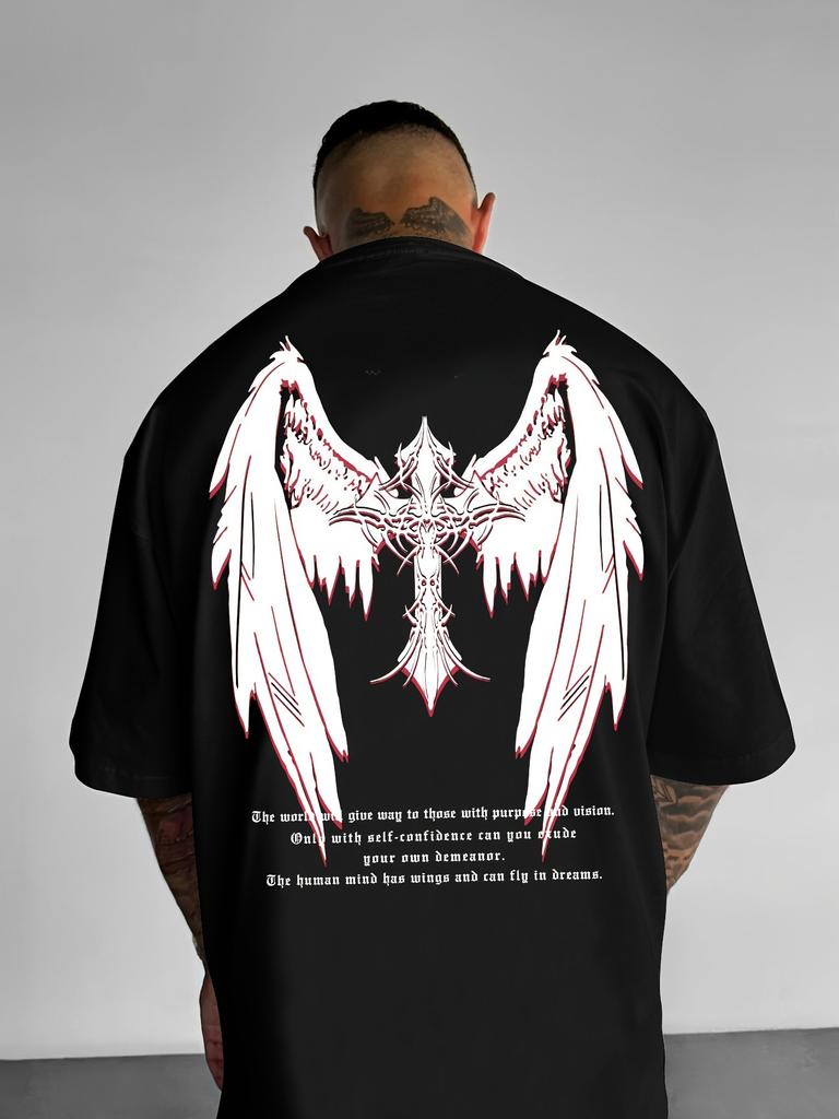 Summer Mens Tshirt in Dark Gothic Style Featuring Thorns Cross Angel Wings Trendy Hiphop Streetwear Short Sleeve