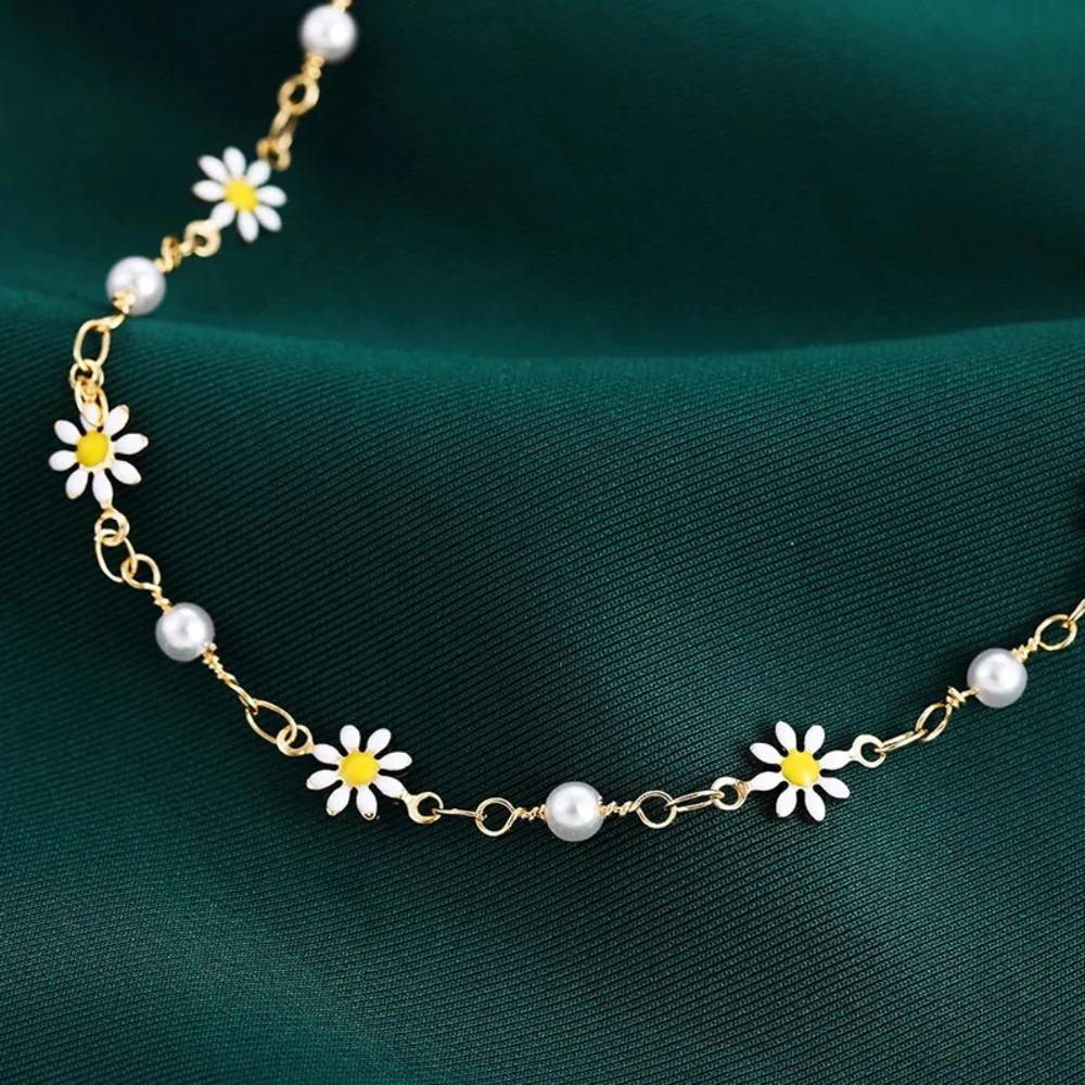 2pcs Set Bohemia Cute Yellow Small Daisy Flowers Pearl Double Layer Fold Wear Anklets for Women Summer Beach Charm Jewelry Gifts