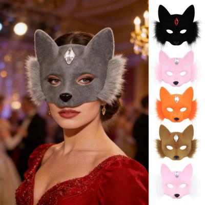 Party Face Guard Plush Fox Design Fancy Dress Face Guard with Faux Gem Decor Halloween Cosplay Birthday Party