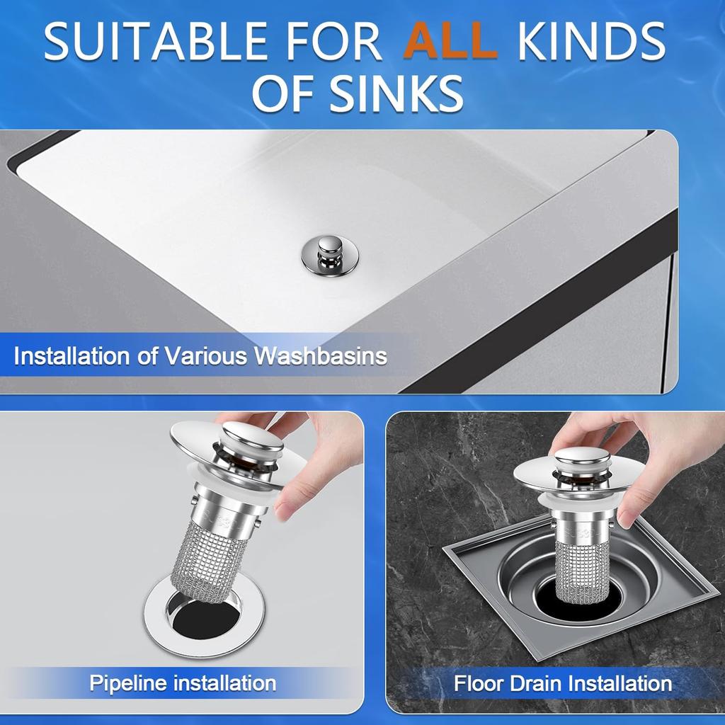 Stainless Steel Pop-Up Sink Drain Strainer - Removable Basket for Bathtub & Shower, Hair Catcher & Clog Preventer