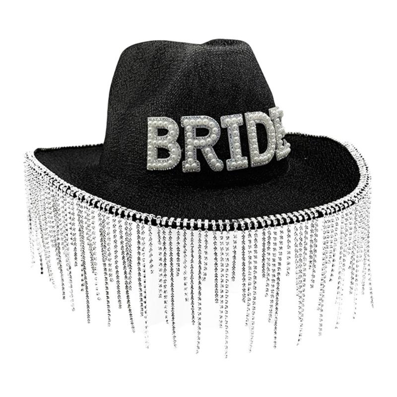 

Elegant Bride Hat with Artificial Pearls Letter Design and Shimmering Tassels for Wedding Celebration Party чорний