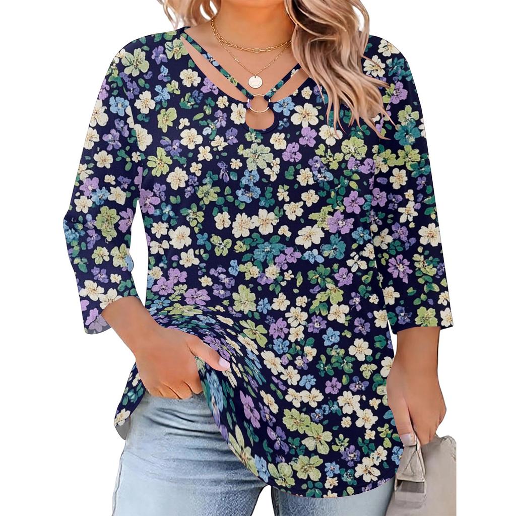 Blusa Floral Feminina Plus Size com Manga Três Quartos, Blusa Casual, Túnica de Corte Amplo para Primavera Verão, Uso Diário, Trabalho e Saídas