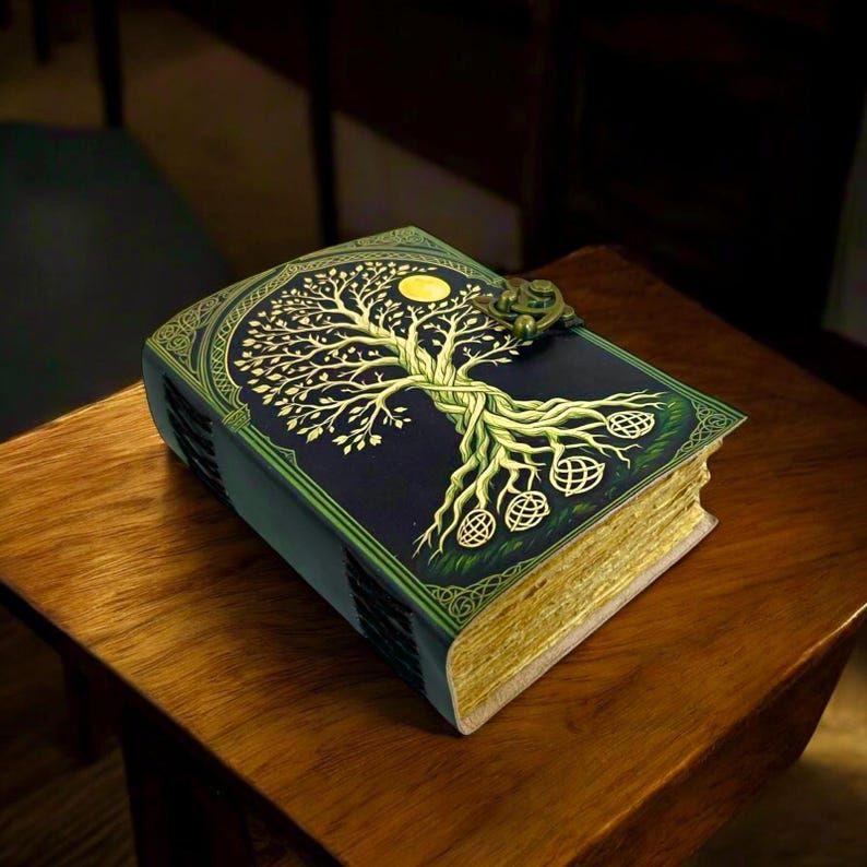 200 Page Large Grimoire Vintage Leather Journal, Tree of Life Fat Journal, Blank Spell Book of Shadows Celestial Gifts For Him Her