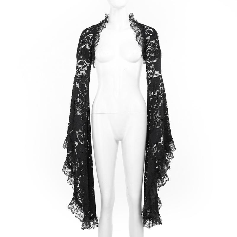 Gothic Floral Lace Shrug Long Flared Bell Sleeve Open Front Cropped Bolero Cardigan For Lolita Wedding Cosplay Photoshoot