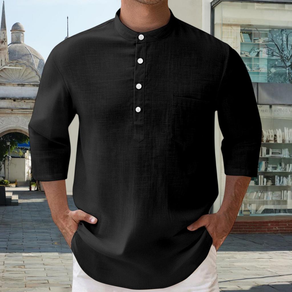Men's Linen 3/4-Sleeve Shirt - Buttoned Stand Collar Pocket Loose-Fit Casual Top