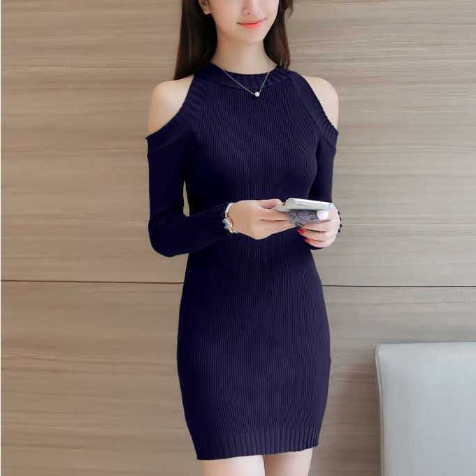 Winter Round Neck Hollow Out Shoulder Long Sleeved Knitted Dress for Women Mid To Long Length Sweater, Hip Hugging Bottom Skirt