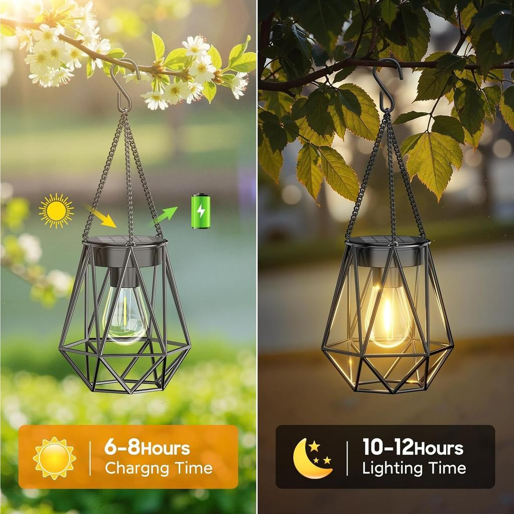 Solar Lights - 2 Pack Hanging Garden Lanterns,Metal Warm White Waterproof Outdoor Lanterns for Decoration,Pathway