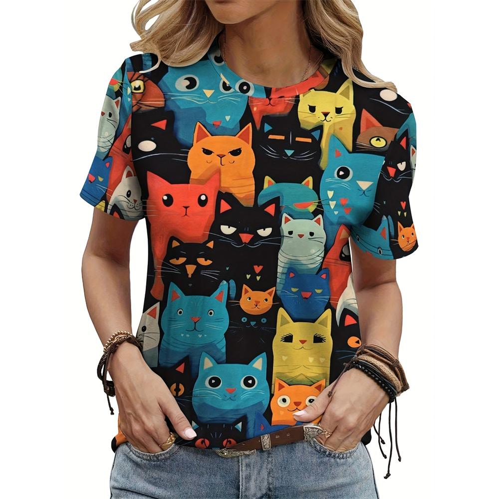 Summer Fashion Short Sleeve Casual Top Loose Women's T Shirt Cute Cat Cow Pattern Printed Woman Clothing Y2k Ladies Clothes Tees