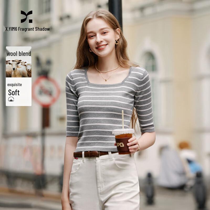Xiangying Women s French Square Collar Striped Knit Top L