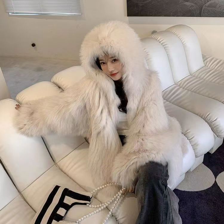 New Imitation Fox Hair Woven Hooded Bat Sleeve Long Sleeve Slim Imitation Fur Fur Coat Women