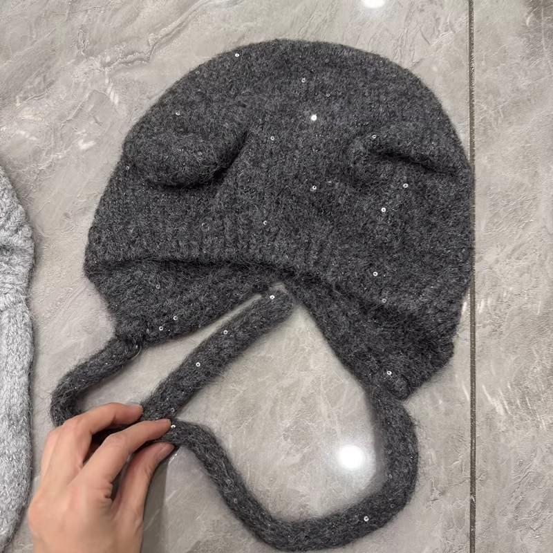 Custom-woven and Dyed Starry Sky Sequins Wool-blended Bear Ears Knitted Ear Protection Hat Women's Autumn and Winter Wool Hat Baotou Hat