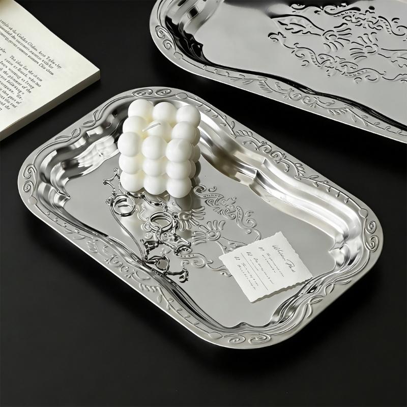 Elegant French Style Metal Tray Engraved Floral Pattern For Serving Snacks Fruits And Appetizers In Homes Or Restaurant