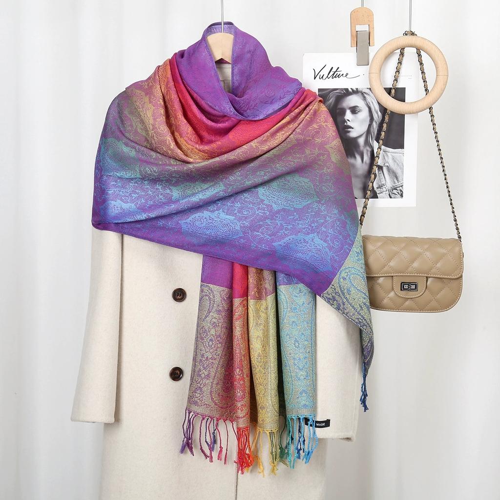 Popular Colorful Cashew Tassel Shawl for Women Ethnic Style Gradient Embroidery Scarf