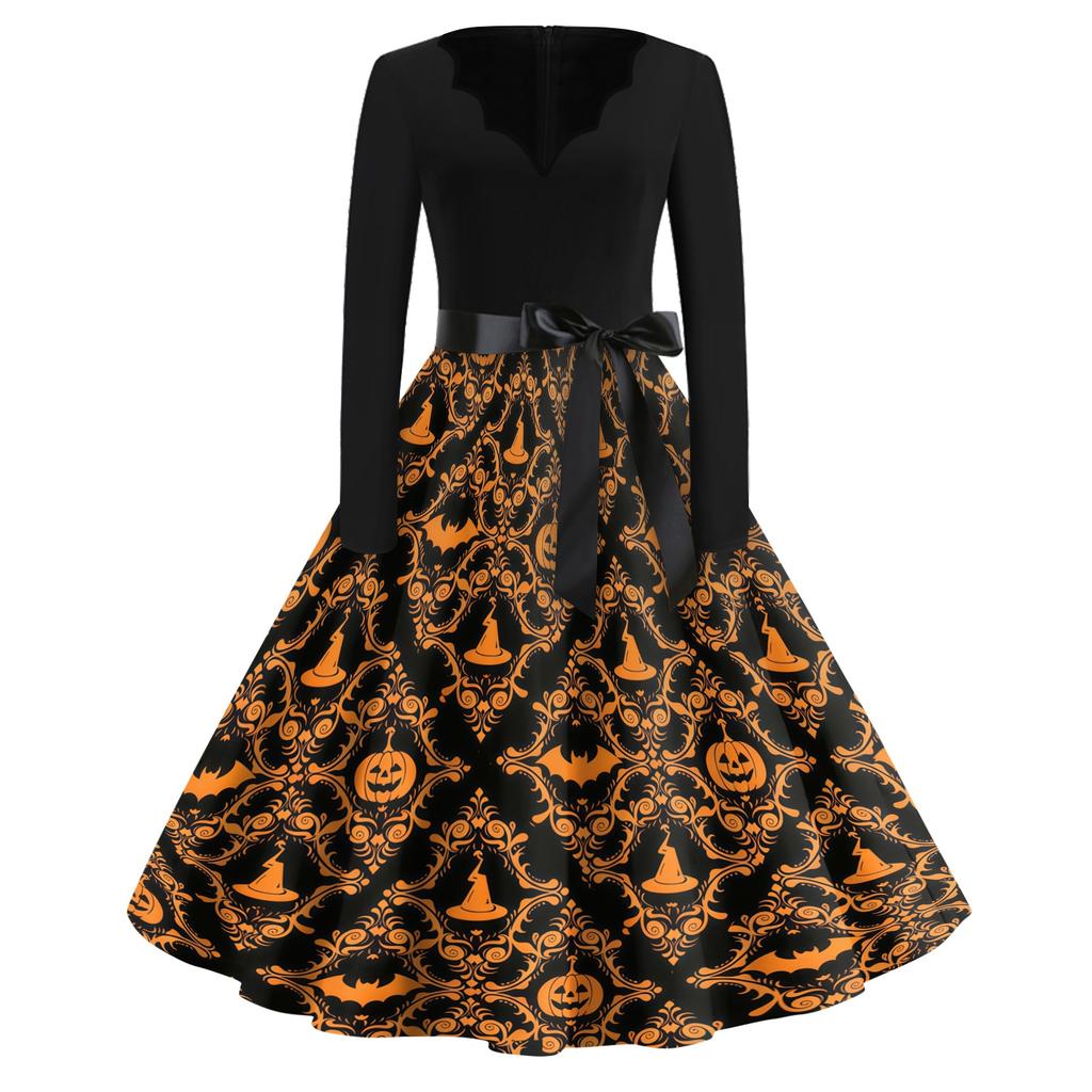 Womens Halloween Printed Size Dress Crew Neck Long Sleeve Vintage Swing Dress with Belt Pocket Free Design