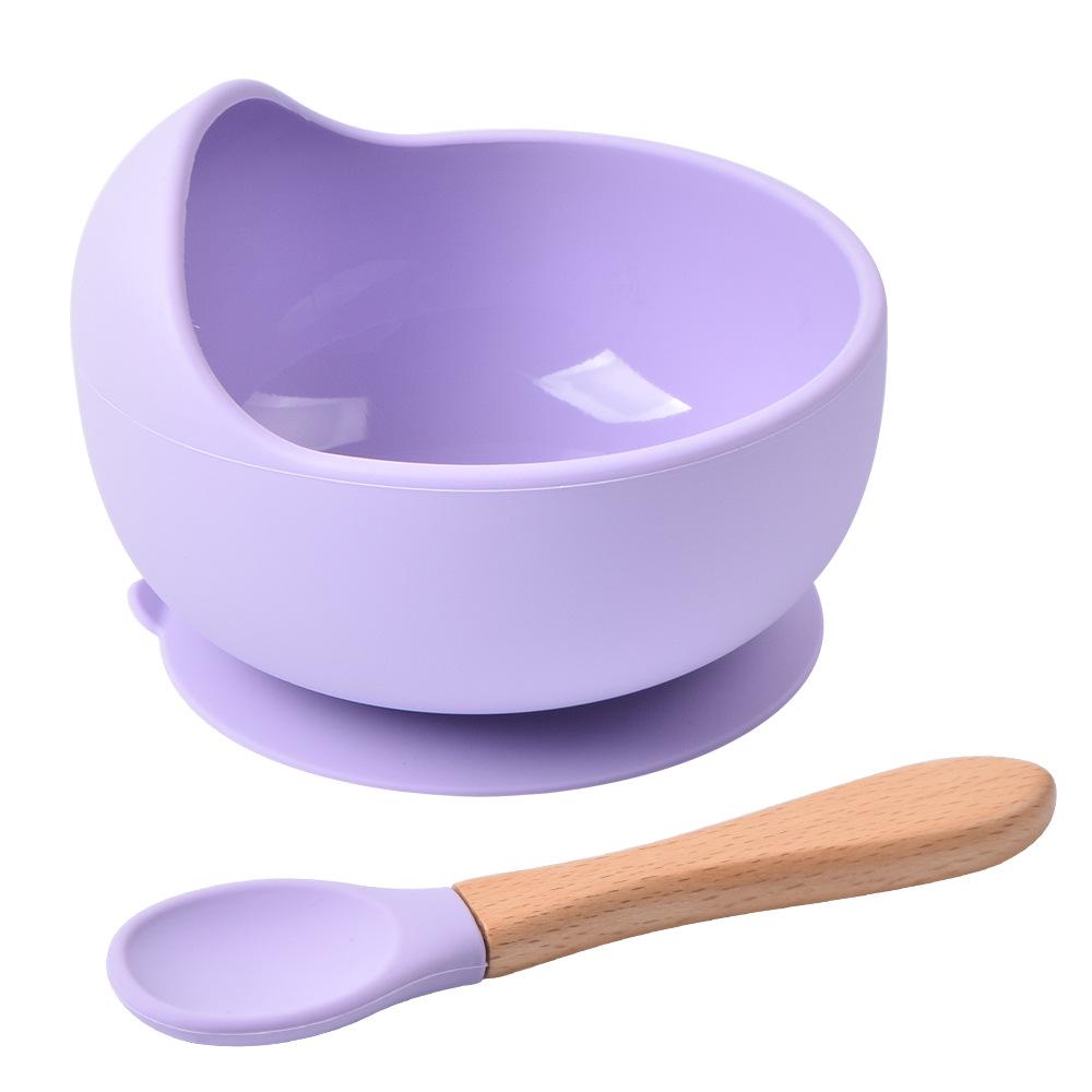 Silicone Baby Bowl & Spoon Set with Wooden Handle and Suction Cup