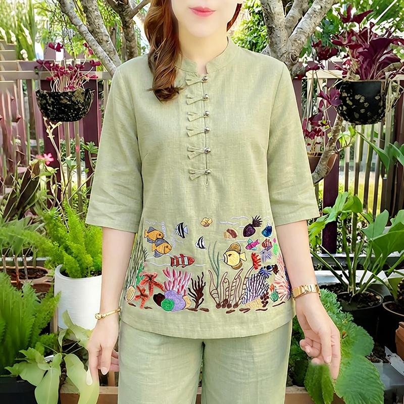 ZANZEA Damen Lässig Stehkragen Locker Halber Ärmel Print Bluse