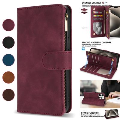 Peněženka Slot pro více karet Zip Stojánek Magnetický Flip Pouzdro z umělé kůže Pro iPhone 16 Pro Max Kryt Samsung Galaxy S24 Ultra Google Pixel 8a