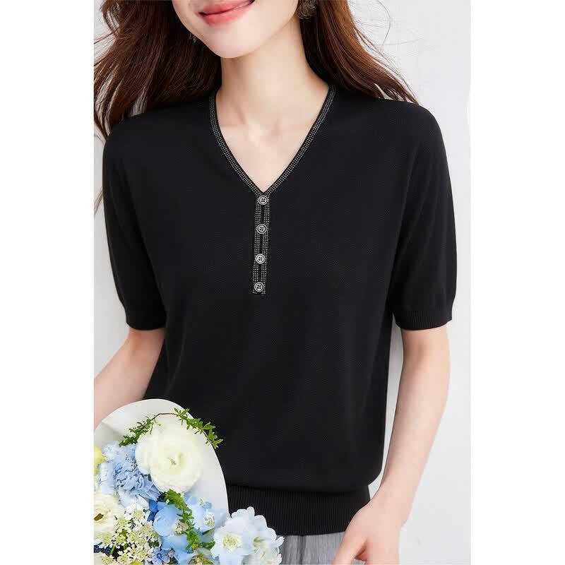 Women s Silk Blend V-Neck Knit Short Sleeve T-Shirt M чёрный