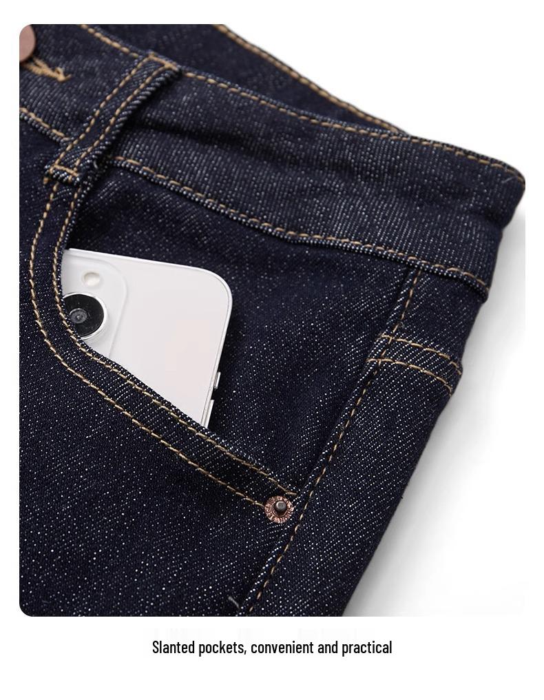 2024 High-Waisted Fleece-Lined Cropped Straight-Leg Retro Dark Blue Women's Jeans for Autumn/Winter