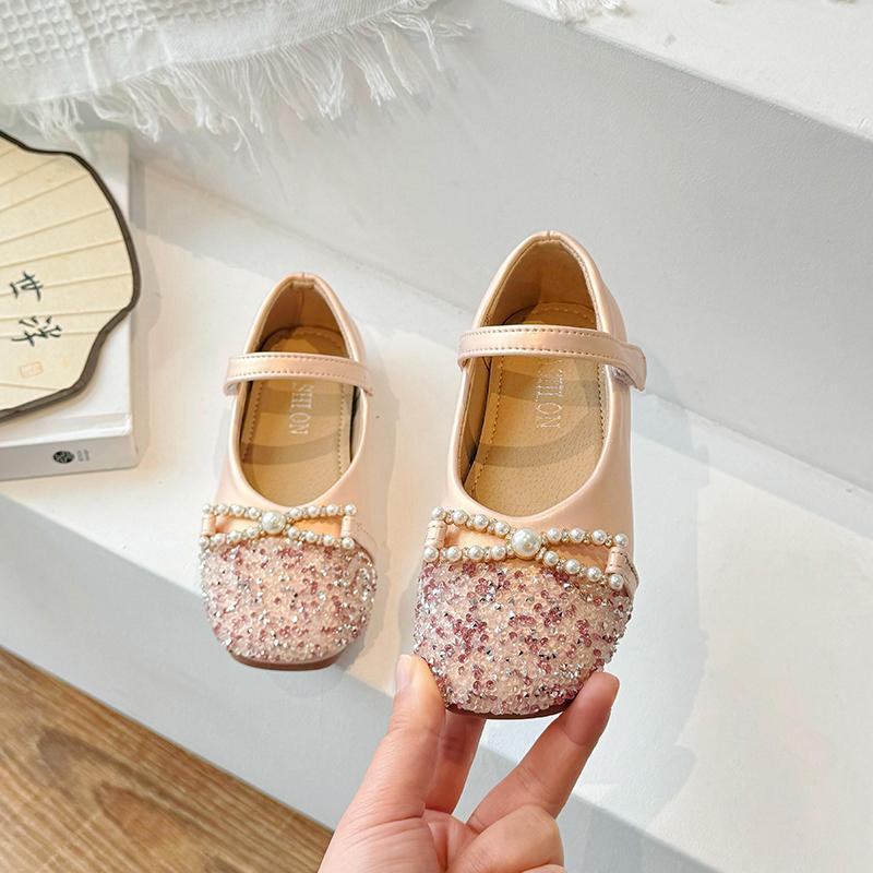 Girls Leather Shoes for Party Wedding Fashion Children Rhinestone Princess Shoes Kids Shallow Flats Mary Jane Shoe Anti-Slippery