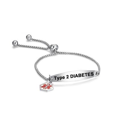 Lékařské varovné náramky pro ženy Lékařské identifikační náramky DIABETES TYPU 2 Nastavitelný lékařský náramek z nerezové oceli
